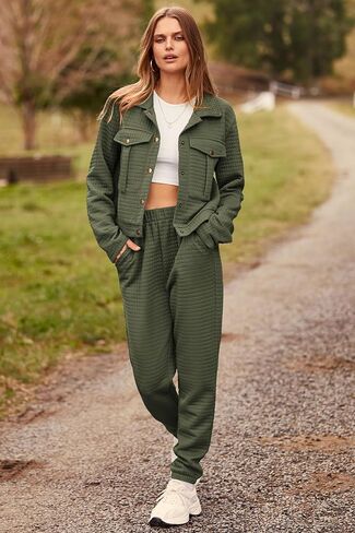 PRETTYGARDEN Womens 2023 Fall 2 Piece Outfits Tracksuit Long Sleeve Button Down Shacket Jacket Pockets Long Pants Casual Set in Saudi Arabia
