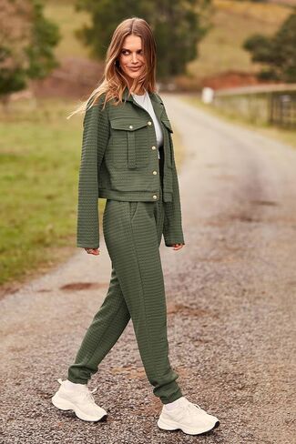 PRETTYGARDEN Womens 2023 Fall 2 Piece Outfits Tracksuit Long Sleeve Button Down Shacket Jacket Pockets Long Pants Casual Set in Saudi Arabia