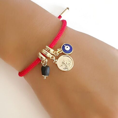 LESLIE BOULES Red Charm Bracelet Saint Michael Archangel Medal Genuine Azabache Stone and Blue Evil Eye Pendant in Saudi Arabia