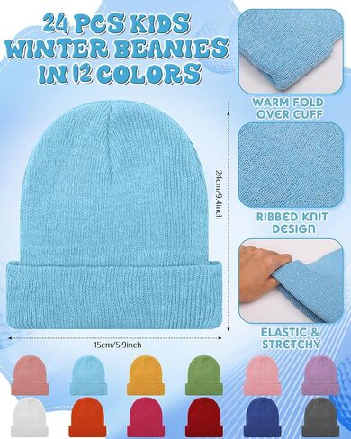 Toulite 24 Pcs Kids Winter Beanies Warm Cold Weather Hats Knitted Beanie Cap Solid Color for Boy Girl Children School Outdoor in Saudi Arabia