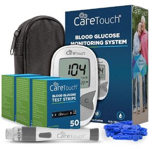 كير تاتش مجموعة اختبار مرض السكري - جهاز مراقبة نسبة السكر في الدم، 150 شريط اختبار الجلوكوز في الدم، 100 شريط قياس 30، جهاز رفع، بطارية، وحقيبة حمل | لاختبار ومراقبة سكر الدم in Kuwait