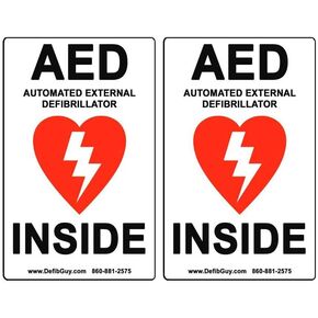 عبوتان بعرض 10.16 سم × ارتفاع 15.24 سم، من الفينيل والأحمر والأسود على أبيض ملصق AED مقاوم للطقس، "مزيل رجفان خارجي آلي بالداخل" من Defib Guy