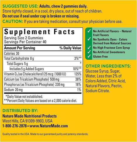 Nature Made Calcium Gummies 500 mg Per Serving with Vitamin D3, Dietary Supplement for Bone Support, 80 Gummies, 40 Day Supply in Saudi Arabia