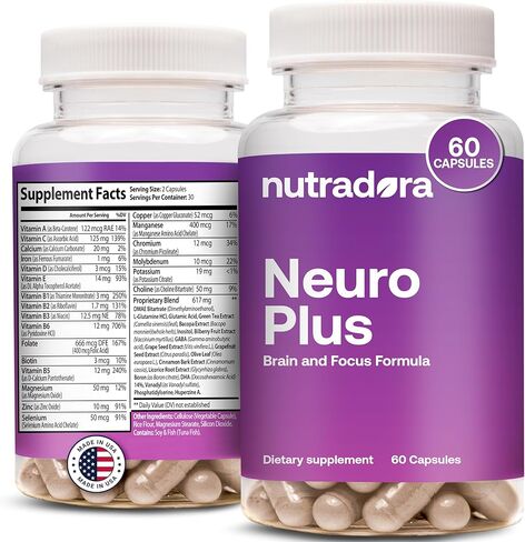 مكمل نوترادورا نيورو بلس للدماغ للذاكرة والتركيز، 41 مكونًا، مكمل تركيز ممتاز مع DMAE يعزز التركيز والطاقة للرجال والنساء، صنع في الولايات المتحدة الأمريكية، 60 كبسولة (عبوة من 1) in Kuwait