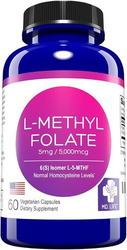 MD Life L-Methylfolate 5mg - Professional-Grade Active Methylfolate Supplement - Maximum Potency MTHFR Supplements - L methylfolate 5mg 60 Capsules - Essential Amino Acids in Kuwait