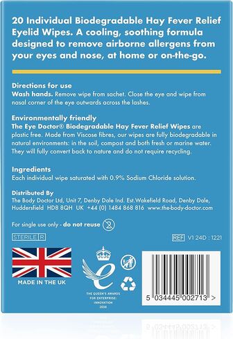 مناديل مبللة للجفون لتخفيف حمى القش من ذا آي دكتور - 80x مناديل مبللة للعين تستخدم مرة واحدة للحساسية وحمى القش - الالتهاب والحكة المائية في العيون والصداع والصداع النصفي - تخفيف مهدئ ومهدئ in Kuwait