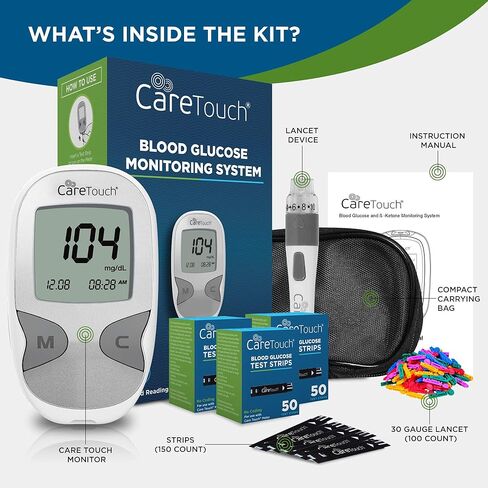 كير تاتش مجموعة اختبار مرض السكري - جهاز مراقبة نسبة السكر في الدم، 150 شريط اختبار الجلوكوز في الدم، 100 شريط قياس 30، جهاز رفع، بطارية، وحقيبة حمل | لاختبار ومراقبة سكر الدم in Kuwait