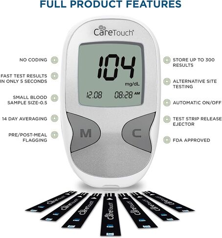 كير تاتش مجموعة اختبار مرض السكري - جهاز مراقبة نسبة السكر في الدم، 150 شريط اختبار الجلوكوز في الدم، 100 شريط قياس 30، جهاز رفع، بطارية، وحقيبة حمل | لاختبار ومراقبة سكر الدم in Kuwait