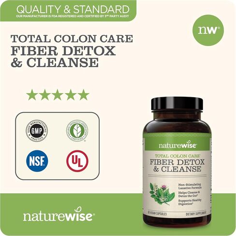 NatureWise Total Colon Care Fiber Cleanse with Herbal Laxatives, Prebiotics, & Digestive Enzymes for Healthy Elimination, Safe Digestion & Weight, Detox, & Gut Health [1 Month Supply - 60 Count] in Kuwait