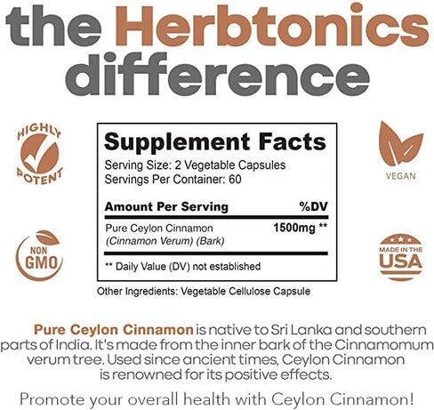 كبسولات القرفة السيلانية الممتازة - حبوب القرفة الفعالة لتعزيز الرفاهية - مكمل القرفة السيلانية 1500 مجم يدعم الصحة اليومية - 120 كبسولة نباتية (120 عددًا (عبوة من 2)) in Kuwait