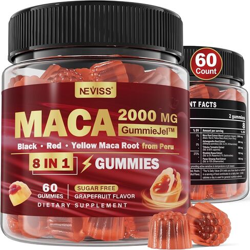 Sugar Free Maca Root Filled Gummies 2000mg for Women & Men with Ashwagandha, Tribulus Terrestris, Rhodiola, Panax Ginseng, L Arginine & L Tyrosine for Natural Energy, Mood & Immune Support - Vegan in Kuwait
