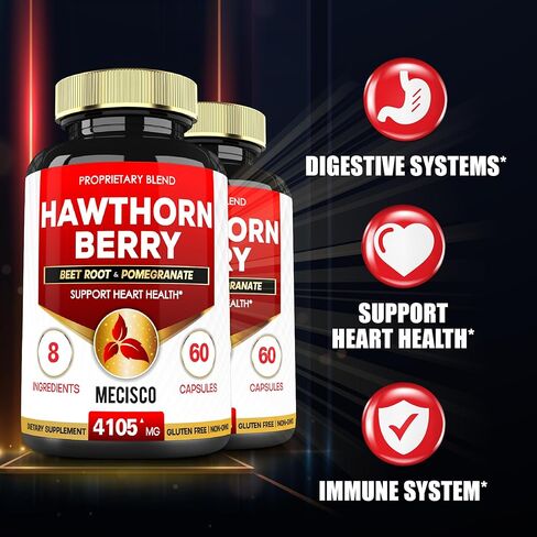 4105 ملغ من مكملات مستخلص توت الزعرور - 8 في 1 مع جذر البنجر والرمان وزهرة الكركديه والقرفة والزيتون والكركم والفلفل الأسود - ضغط الدم ودعم المناعة - عبوتين 60 كبسولة in Kuwait