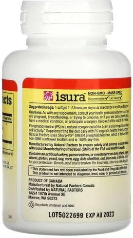 Natural Factors, فوسفاتيديل سيرين، دعم الذاكرة والتركيز ووظائف الدماغ، خالي من الصويا والغلوتين، 120 كبسولة هلامية in Kuwait