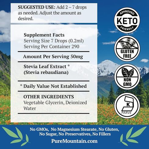 Pure Mountain Botanicals Liquid Stevia Drops - Natural Sweetener - Concentrated Sugar Free Substitute Diabetic Friendly Ideal for Keto Low Carb and Vegan Diet Great Addition to Weight Loss Program in Saudi Arabia