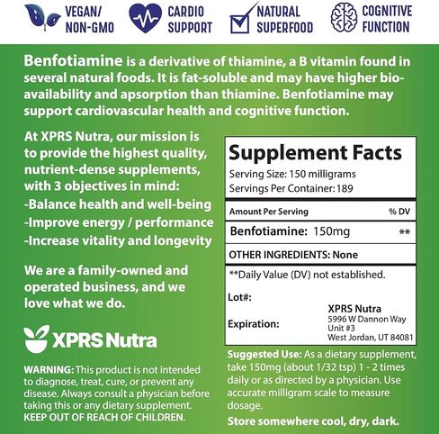 XPRS Nutra Benfotiamine Powder (Thiamine) - Fat Soluble Happy Heart Thiamine Powder - Enhanced Vitamin B1 Benfotiamine for a Cognitive Boost - Vegan Friendly Benfotamine Powder (.25 Ounce) in Kuwait