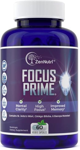 مكمل التركيز Prime ZenNutri Focus للبالغين | ملحق منشط الذهن لتعزيز الدماغ | مكملات الدماغ للذاكرة والتركيز | ملحق دعم الدماغ نوتروبيكس | مكملات ضباب الدماغ - عدد 60 in Kuwait