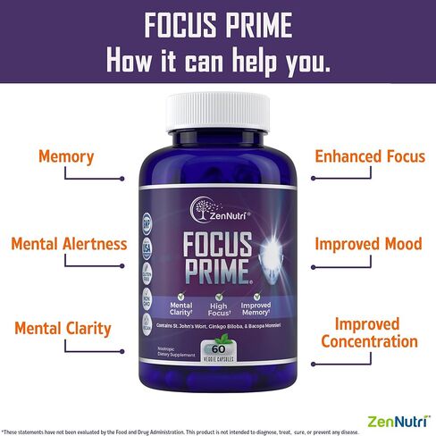 مكمل التركيز Prime ZenNutri Focus للبالغين | ملحق منشط الذهن لتعزيز الدماغ | مكملات الدماغ للذاكرة والتركيز | ملحق دعم الدماغ نوتروبيكس | مكملات ضباب الدماغ - عدد 60 in Kuwait