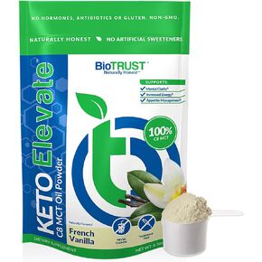BioTrust Keto Elevate - مسحوق زيت C8 MCT النقي - مكمل النظام الغذائي الكيتوني ومبيض قهوة باليو للطاقة النظيفة والتركيز الذهني والوضوح - حمض الكابريليك غير المعدل وراثيًا بنسبة 100% (البندق، 20 حصة)