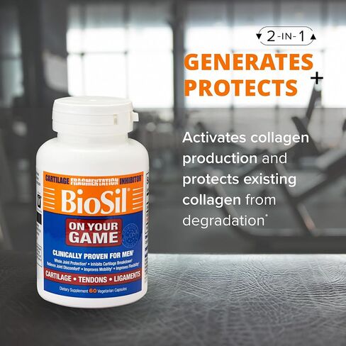 Biosil On Your Game - 60 كبسولة نباتية، عبوة من 2 - مع مركب ch-OSA الحاصل على براءة اختراع - زيادة إنتاج الكولاجين لتخفيف آلام المفاصل والمرونة ونطاق الحركة - خالية من الكائنات المعدلة وراثيًا - 120 حصة إجمالية in Kuwait