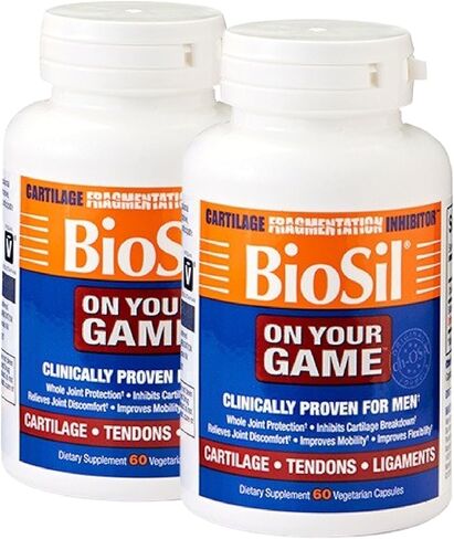 Biosil On Your Game - 60 كبسولة نباتية، عبوة من 2 - مع مركب ch-OSA الحاصل على براءة اختراع - زيادة إنتاج الكولاجين لتخفيف آلام المفاصل والمرونة ونطاق الحركة - خالية من الكائنات المعدلة وراثيًا - 120 حصة إجمالية in Kuwait
