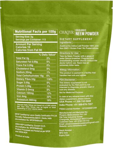 Chaqyr USDA Certified Organic Neem Leaves Powder 8 oz 227g Non GMO Gluten Free in Saudi Arabia