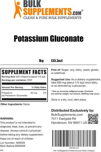 BulkSupplements.com Potassium Gluconate Powder - Potassium Supplement, Potassium Gluconate Supplement, Potassium Powder - Gluten Free, 500mg per Serving (84mg Potassium), 5kg (11 lbs) in Kuwait