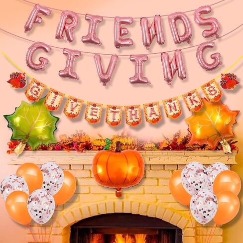 Thanksgiving Party Decoration Set Friends giving Decorations Rose Gold Foil Letter 16 Inches Tall Balloons Banner Thanksgiving Friends Party Backdrop in Kuwait