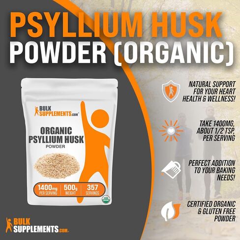 BULKSUPPLEMENTS.COM Organic Psyllium Husk Powder - Fiber Supplement, Psyllium Husk Fiber, Psyllium Husk Powder for Baking - Organic & Gluten Free, 1400mg per Serving, 250g (8.8 oz) in Saudi Arabia