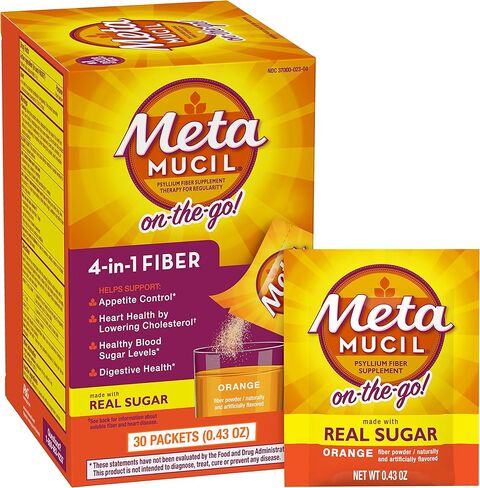Metamucil On-the-Go، مكمل يومي لمسحوق قشر السيليوم مع السكر الحقيقي، ألياف 4 في 1 لصحة الجهاز الهضمي، مشروب بنكهة البرتقال الناعم، 30 عبوة in Kuwait