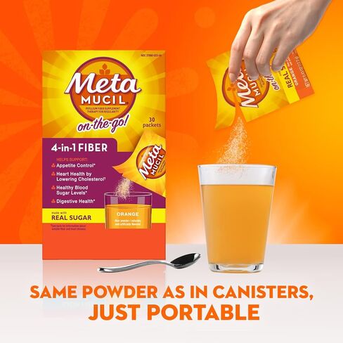 Metamucil On-the-Go، مكمل يومي لمسحوق قشر السيليوم مع السكر الحقيقي، ألياف 4 في 1 لصحة الجهاز الهضمي، مشروب بنكهة البرتقال الناعم، 30 عبوة in Kuwait