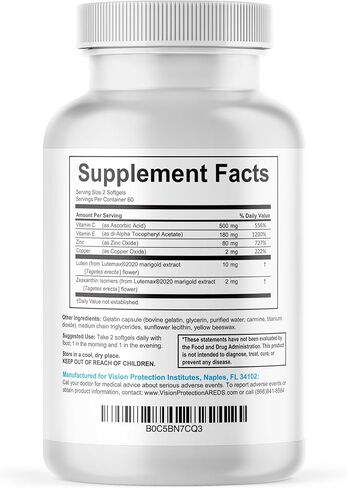 Vision Protection AREDS 2 Eye Vitamin & Mineral Supplement for Ocular Health, Lutemax 2020 with Natural Eye Institute AREDS 2 Study Ingredients Lutein, Vitamin C, Zeaxanthin & Zinc, 120 Mini Softgels in Saudi Arabia
