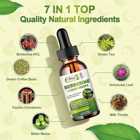 Organic Berberine Supplement Liquid Drops - Premium Berberine HCL 1500mg with Pure Ceylon Cinnamon-7 in 1 Natural Ingredients - Supports Immune System & Digestive System-2 Fl Oz in Kuwait