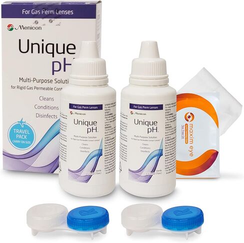 Menicon درجة حموضة فريدة متعددة الأغراض ومناسبة للسفر، عبوتان، محلول عدسات لاصقة 2.5 أونصة للعدسات الصلبة النفاذية للغاز - مع علبة عدسة، (إجمالي 5 أونصة)، مرفقة مع منديل جفن واحد بزيت شجرة الشاي in Kuwait