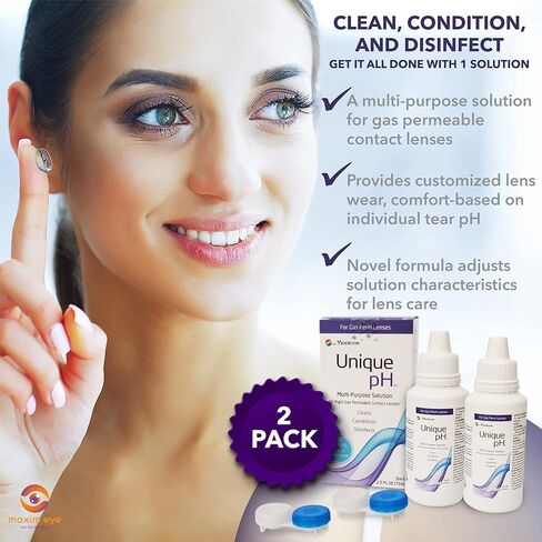 Menicon درجة حموضة فريدة متعددة الأغراض ومناسبة للسفر، عبوتان، محلول عدسات لاصقة 2.5 أونصة للعدسات الصلبة النفاذية للغاز - مع علبة عدسة، (إجمالي 5 أونصة)، مرفقة مع منديل جفن واحد بزيت شجرة الشاي in Kuwait