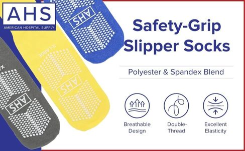 AMERICAN HOSPITAL SUPPLY Anti-Slip Hospital Socks Assorted Colors Knit Grip Socks with Elastic Cuff | X-Large | Bariatric (Yellow, Blue, and Gray) 6 Pairs of Grippy Socks in Saudi Arabia