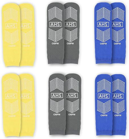 AMERICAN HOSPITAL SUPPLY Anti-Slip Hospital Socks Assorted Colors Knit Grip Socks with Elastic Cuff | X-Large | Bariatric (Yellow, Blue, and Gray) 6 Pairs of Grippy Socks in Saudi Arabia