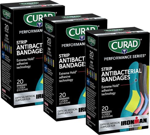 Curad Performance Series Ironman Antibacterial Bandages, Extreme Hold Adhesive Technology, 1 x 3.25 inch Fabric Bandages, 20 Count in Kuwait