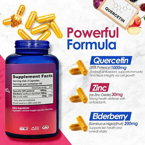كبسولات نباتية من نوترادورا كيرسيتين 1000 ملغ لكل جرعة مع مكملات كيرسيتين البلسان والزنك تدعم صحة المناعة وصحة القلب والأوعية الدموية وصحة الجهاز التنفسي، 120 كبسولة (عبوة من 1) in Kuwait