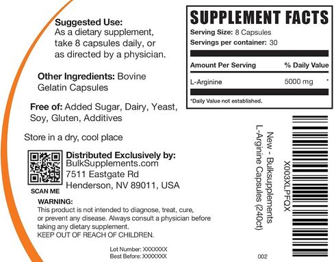 BULKSUPPLEMENTS.COM L-Arginine 5000mg Capsules - Arginine Supplement, Nitric Oxide Supplement, L Arginine Capsules - Nitric Oxide Pills, Gluten Free - 8 Capsules per Serving, 240 Capsules in Saudi Arabia