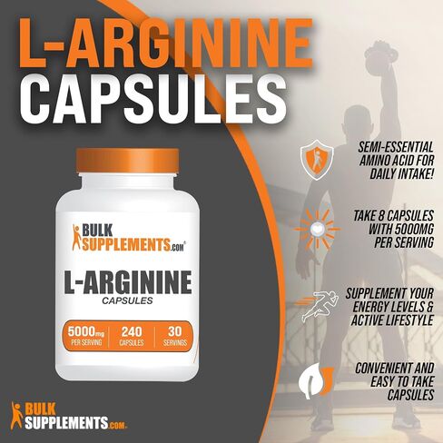 BULKSUPPLEMENTS.COM L-Arginine 5000mg Capsules - Arginine Supplement, Nitric Oxide Supplement, L Arginine Capsules - Nitric Oxide Pills, Gluten Free - 8 Capsules per Serving, 240 Capsules in Saudi Arabia