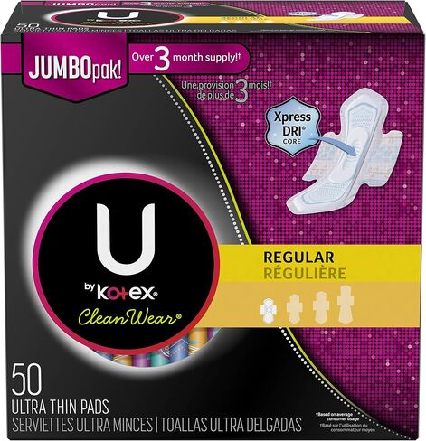 U by Kotex CleanWear Ultra Thin Feminine Pads with Wings, Regular Absorbency, 32 Count in Saudi Arabia