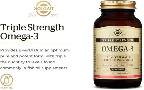 Solgar Triple Strength Omega-3 950 mg، 100 كبسولة هلامية - يدعم صحة القلب والأوعية الدموية والمفاصل والجلد - مكمل صحي للقلب - الأحماض الدهنية الأساسية - غير معدلة وراثيًا، خالي من الغلوتين / منتجات الألبان - 100 حصة in Saudi Arabia