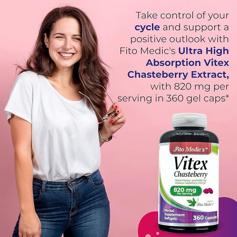 مختبر FITO MEDIC'S - مكمل Vitex للنساء - التوت - دعم انقطاع الطمث - 820 مجم لكل وجبة، 360 كبسولة هلامية - امتصاص عالي للغاية. in Kuwait