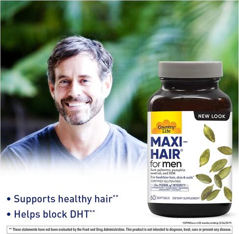 Country Life Maxi-Hair للرجال مع Saw Palmetto، DIM والبيوتين، دعم الشعر، 60 كبسولة هلامية، معتمدة بأنها خالية من الغلوتين in Saudi Arabia