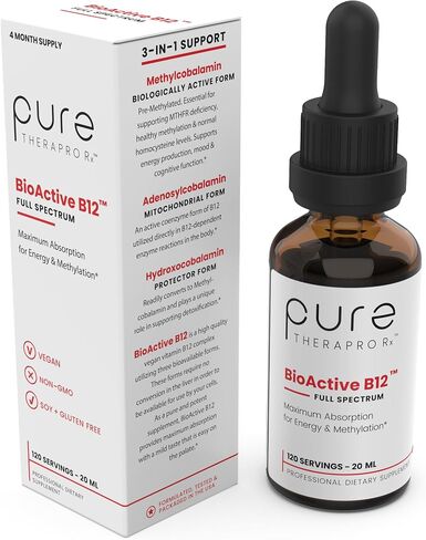 Pure TheraPro BioActive Vegan Methylated Vitamin B12 Sublingual Liquid Methylcobalamin, Hydroxocobalamin & Adenosylcobalamin 1,000 mcg per Drop (5 Drops = 5,000mcg / 4 Month Supply) 20 ml in Kuwait