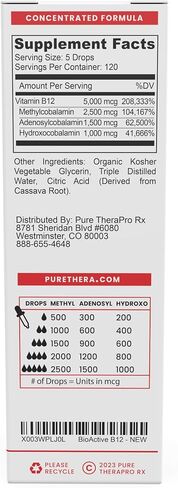 Pure TheraPro BioActive Vegan Methylated Vitamin B12 Sublingual Liquid Methylcobalamin, Hydroxocobalamin & Adenosylcobalamin 1,000 mcg per Drop (5 Drops = 5,000mcg / 4 Month Supply) 20 ml in Kuwait