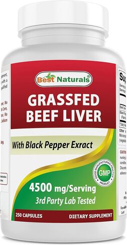 Best Naturals Grass Fed Beef Liver Capsules 4500mg 250 Count - Desiccated Supplement - Energy Production, Detoxification, Digestion, Immunity - Added Black Pepper Extract for Maximum Absorption. in Saudi Arabia