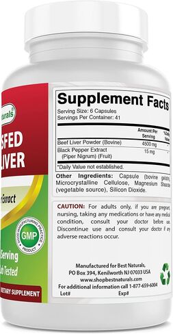 Best Naturals Grass Fed Beef Liver Capsules 4500mg 250 Count - Desiccated Supplement - Energy Production, Detoxification, Digestion, Immunity - Added Black Pepper Extract for Maximum Absorption. in Saudi Arabia