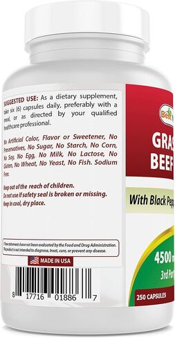 Best Naturals Grass Fed Beef Liver Capsules 4500mg 250 Count - Desiccated Supplement - Energy Production, Detoxification, Digestion, Immunity - Added Black Pepper Extract for Maximum Absorption. in Saudi Arabia