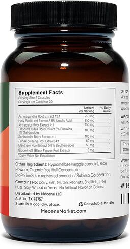 مكمل ادابتوجنز - تخفيف الاجهاد، دعم الغدة الكظرية، مدير الكورتيزول - اشواغاندا، روديولا، الريحان المقدس، اليوثيرو، استراغالوس، شيساندرا، باناكس جينسنغ - 60 كبسولة نباتية in Kuwait